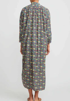 Daniela Gregis Washed Cotton Long Kora Shirtdress In Blue, Orange & Red Flowers