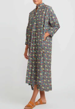 Daniela Gregis Washed Cotton Long Kora Shirtdress In Blue, Orange & Red Flowers