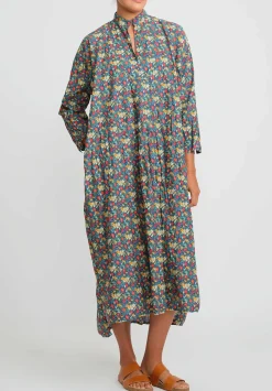 Daniela Gregis Washed Cotton Long Kora Shirtdress In Blue, Orange & Red Flowers