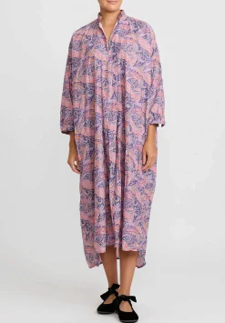 Daniela Gregis Washed Cotton Long Kora Shirt Dress In Cachemire Blue, Orange & Violet Paisley
