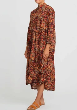 Daniela Gregis Washed Cotton Long Kora Shirt Dress In Brown & Pink Flowers