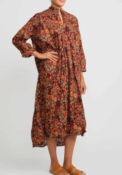Daniela Gregis Washed Cotton Long Kora Shirt Dress In Brown & Pink Flowers