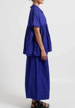 Daniela Gregis Washed Cotton Tognon Wide Leg Pants With Pleated Hem In Blu Inchiostro