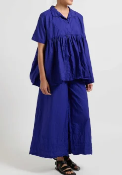 Daniela Gregis Washed Cotton Tognon Wide Leg Pants With Pleated Hem In Blu Inchiostro