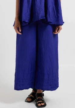 Daniela Gregis Washed Cotton Tognon Wide Leg Pants With Pleated Hem In Blu Inchiostro