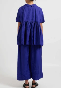 Daniela Gregis Washed Cotton Tognon Wide Leg Pants With Pleated Hem In Blu Inchiostro