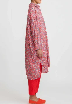 Daniela Gregis Washed Cotton Uomo Larghissima Rosella Lavata Shirt Dress In Red, Multi Floral