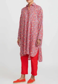 Daniela Gregis Washed Cotton Uomo Larghissima Rosella Lavata Shirt Dress In Red, Multi Floral
