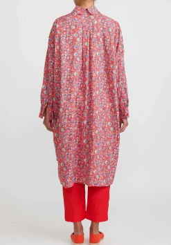 Daniela Gregis Washed Cotton Uomo Larghissima Rosella Lavata Shirt Dress In Red, Multi Floral