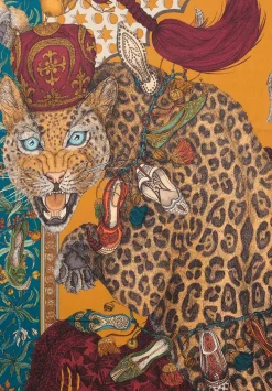Sabina Savage Wool And Silk Leopard'S Bazaar Scarf In Teal Green & Turmeric Yellow
