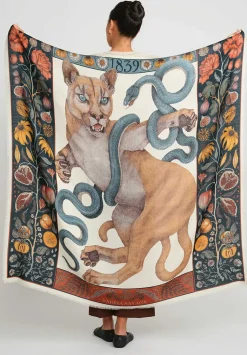 Sabina Savage Wool And Silk The Cougar And Serpent Scarf In Parchment White & Ink Blue