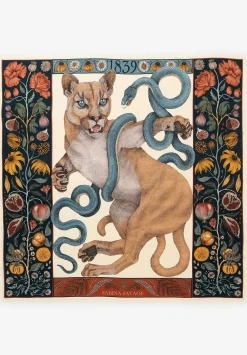 Sabina Savage Wool And Silk The Cougar And Serpent Scarf In Parchment White & Ink Blue