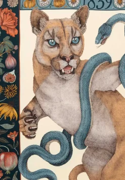 Sabina Savage Wool And Silk The Cougar And Serpent Scarf In Parchment White & Ink Blue
