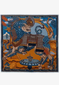 Sabina Savage Wool And Silk The Snow Lion Scarf In Ice Blue & Fire Orange