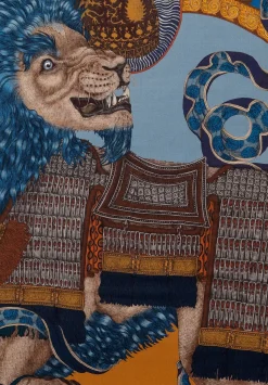 Sabina Savage Wool And Silk The Snow Lion Scarf In Ice Blue & Fire Orange