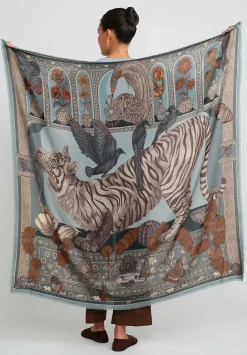 Sabina Savage Wool And Silk The Tiger Trap Scarf In Sea Mist Blue & Bone White