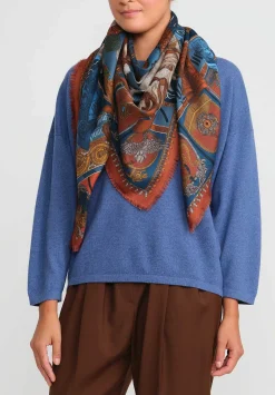 Sabina Savage Wool And Silk The Wind Horse Scarf In Madder Red & Sky Blue