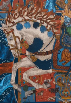 Sabina Savage Wool And Silk The Wind Horse Scarf In Madder Red & Sky Blue