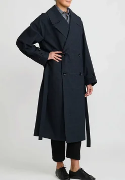 Lemaire Wool Double Breasted Overcoat In Black & Grey Plaid