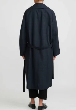 Lemaire Wool Double Breasted Overcoat In Black & Grey Plaid