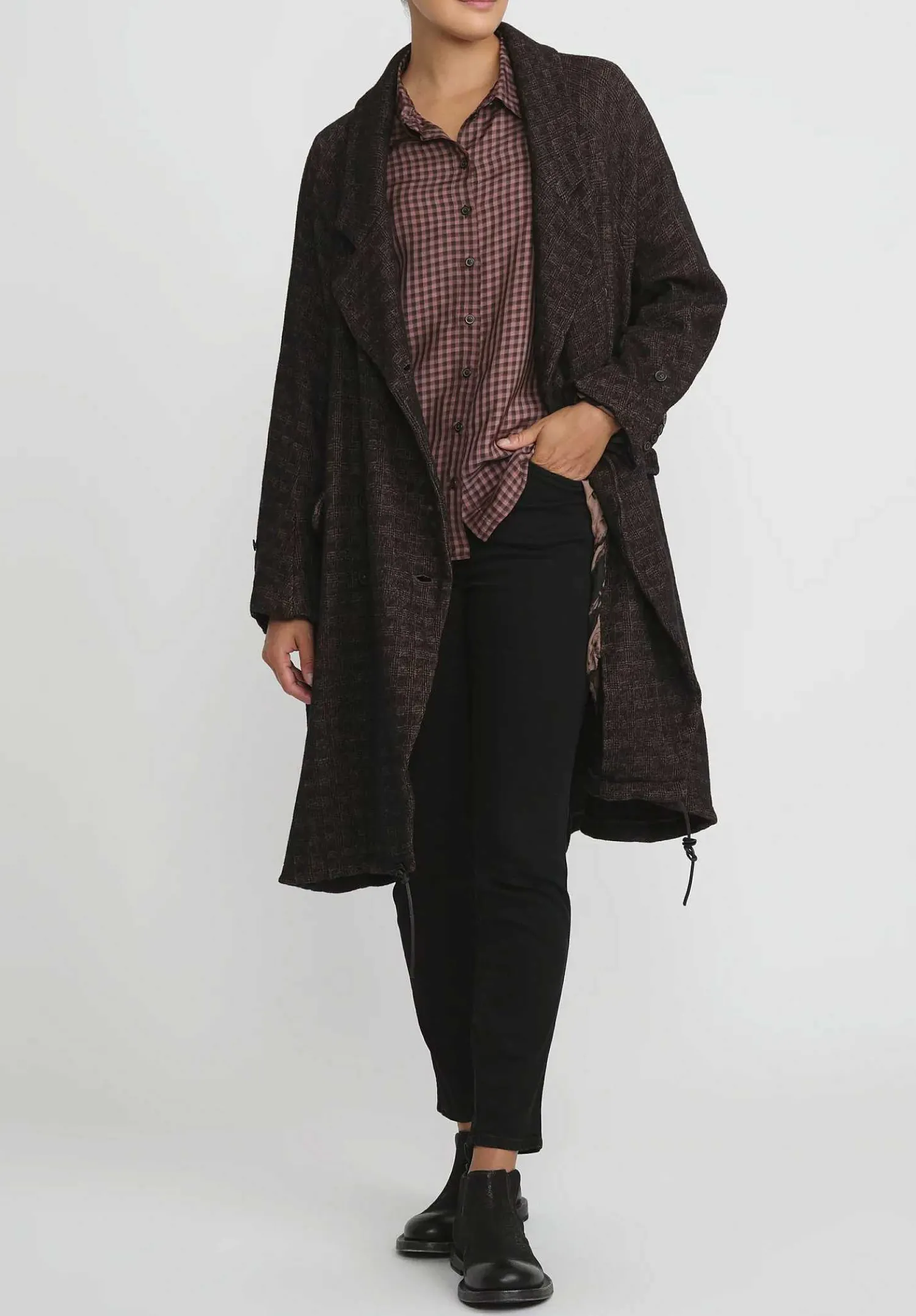 Rundholz Wool Oversized Double Breasted Coat In Espresso Brown Check