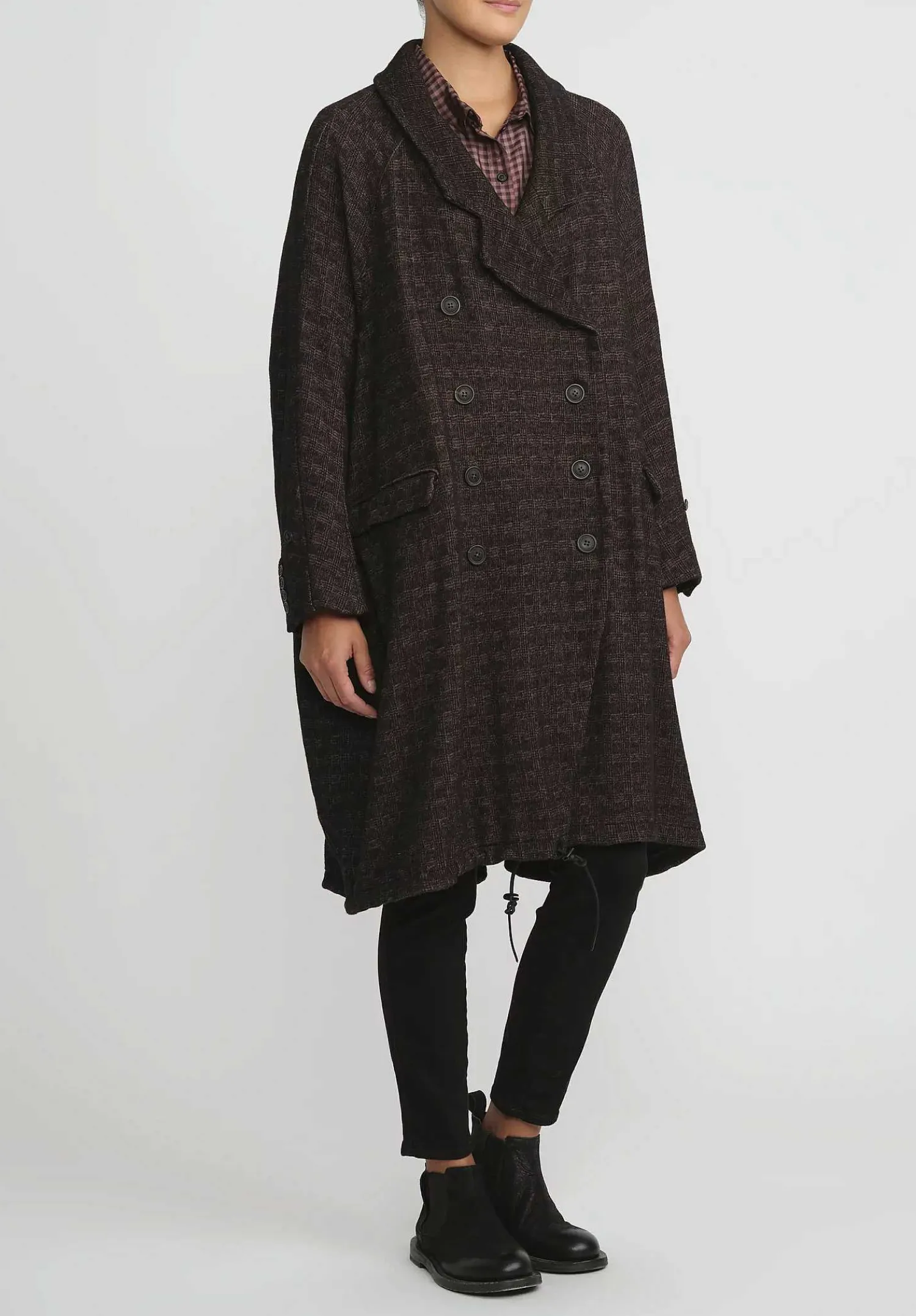 Rundholz Wool Oversized Double Breasted Coat In Espresso Brown Check