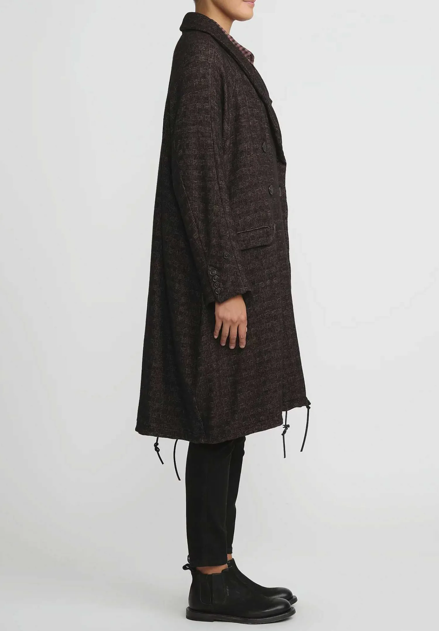 Rundholz Wool Oversized Double Breasted Coat In Espresso Brown Check