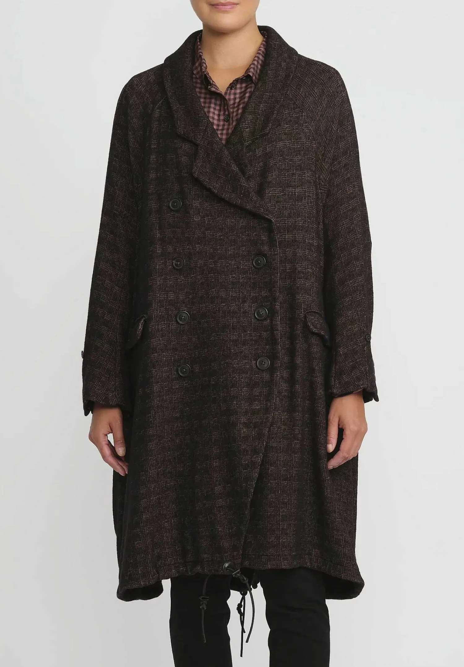 Rundholz Wool Oversized Double Breasted Coat In Espresso Brown Check